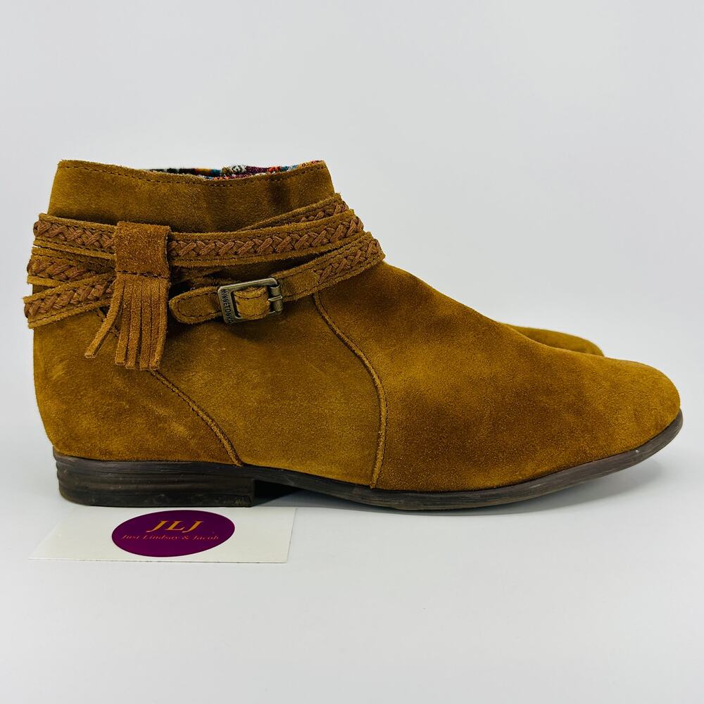 Minnetonka Women's Dixon Dusty Brown Suede Braided Fringe Ankle Boots Size 11